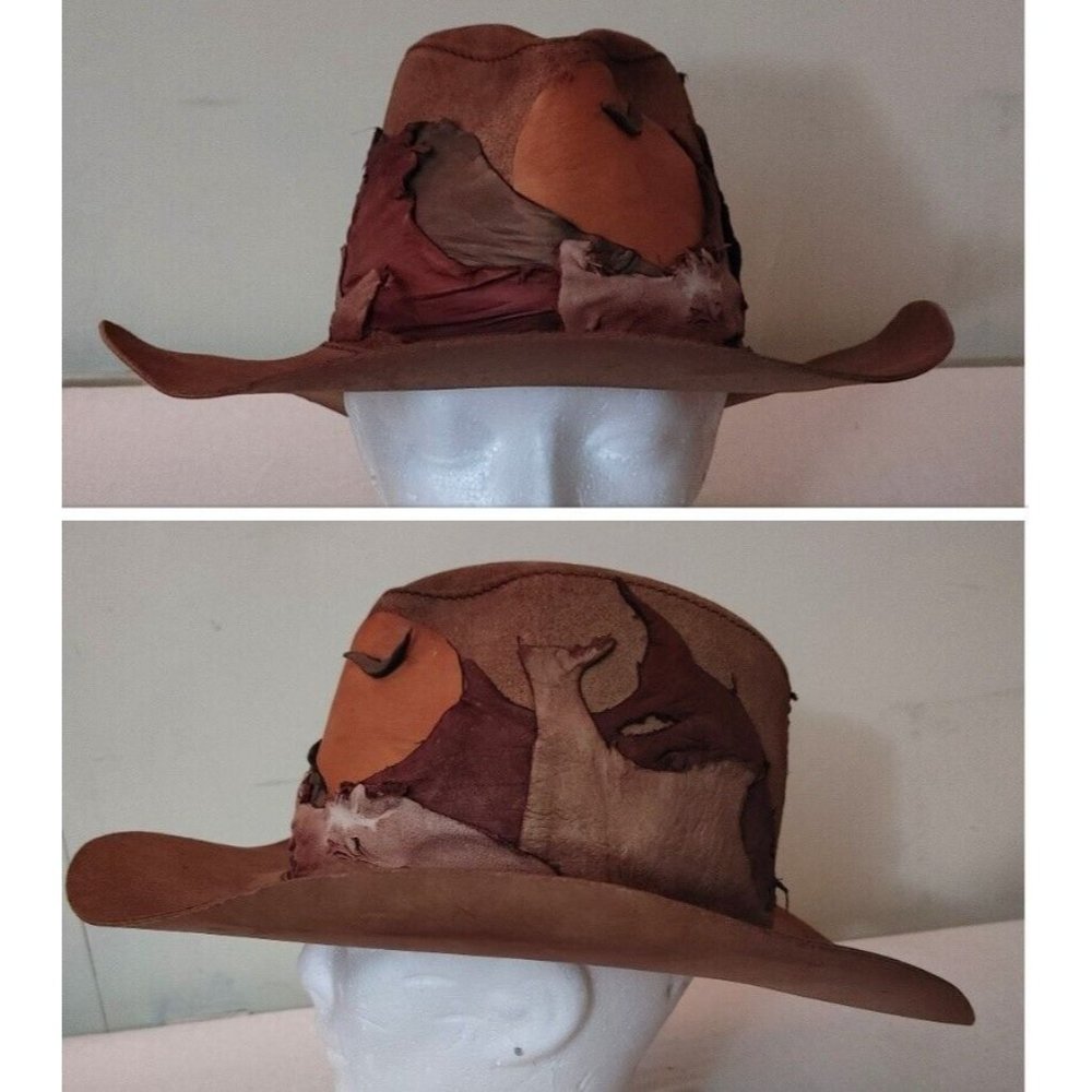 Head N Home Leather Hat Brown Suede Aussie Western Steampunk Patchwork Mens sz M